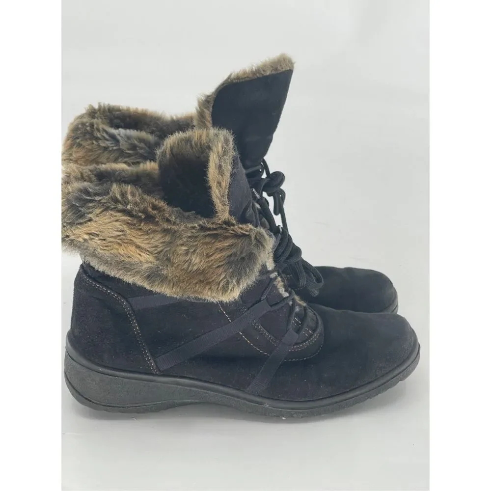 Ara Boots Magaly Women Size 6.5 Black Suede Gore Tex Faux Fur‎ Lace Up
